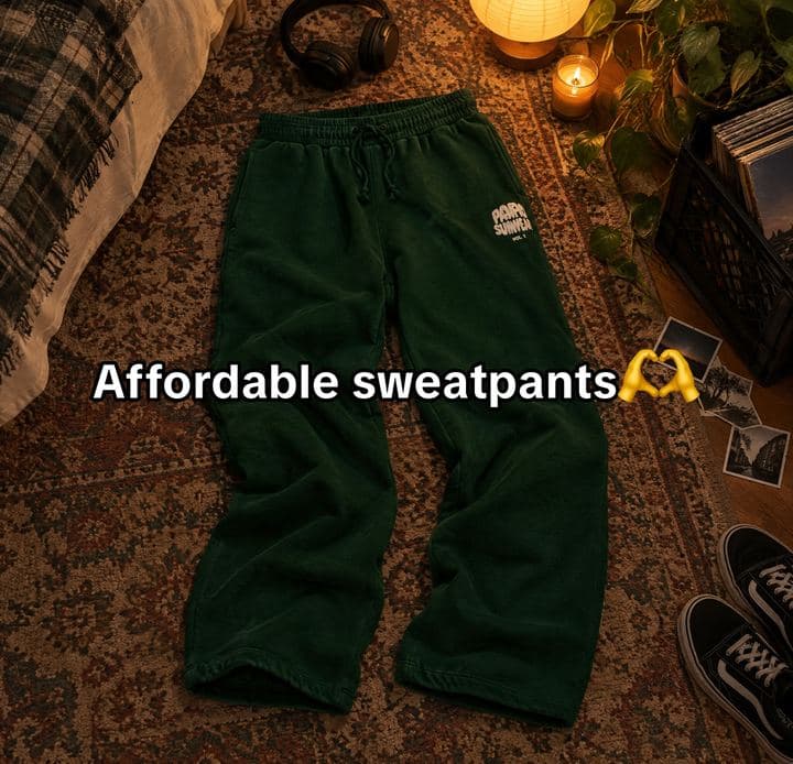 Green sweatpants laid on a rug in a cosy room with the text: Affordable sweatpants