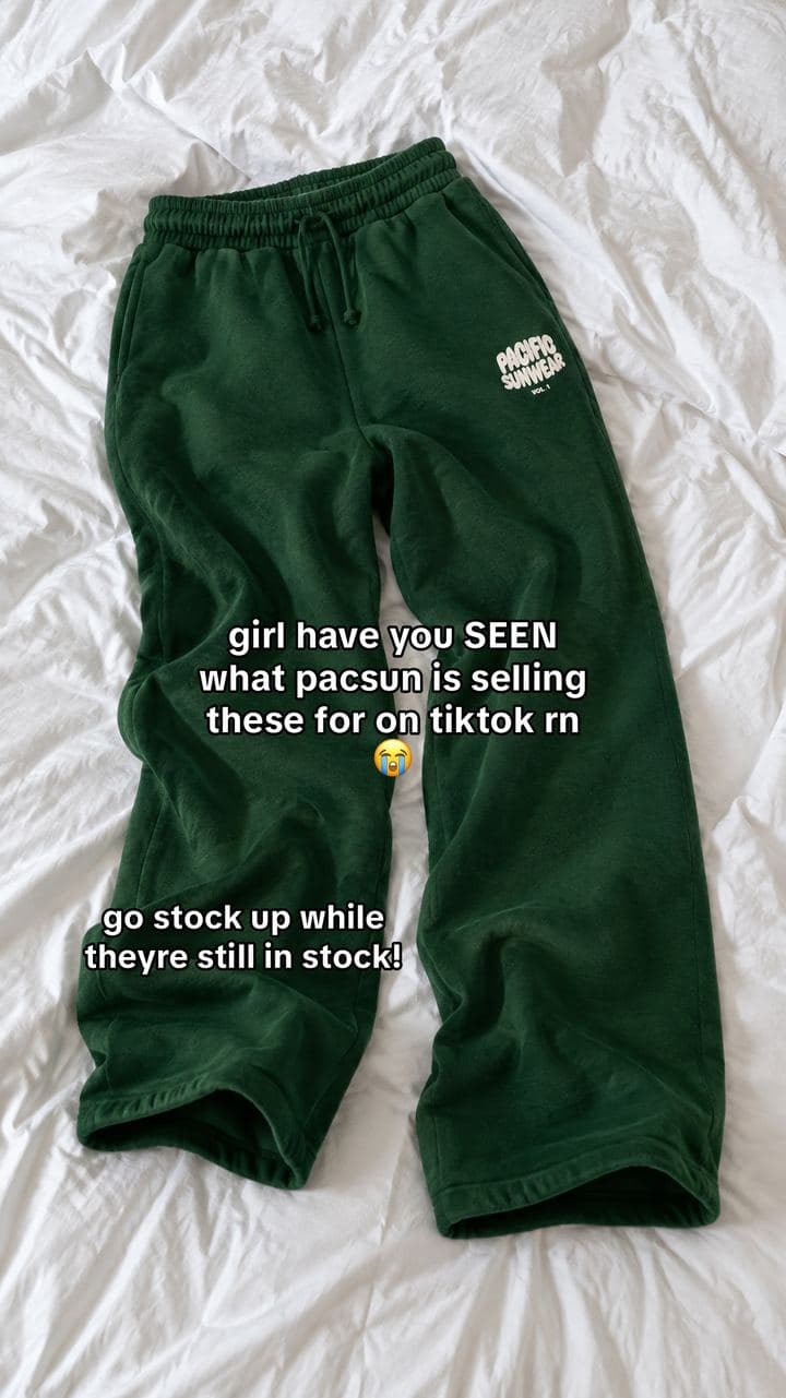 Slide 2: New green sweatpants on white sheets with the text: girl have you SEEN what they are selling these for